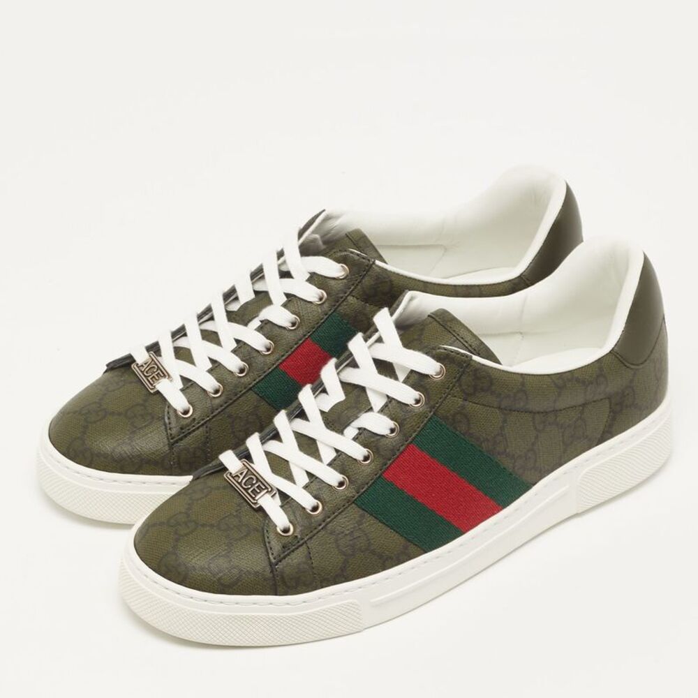 Gucci Ace Gg Supreme Size 40 Dark Green Coated Canvas And Leather Web Low Top - Picture 2 of 7